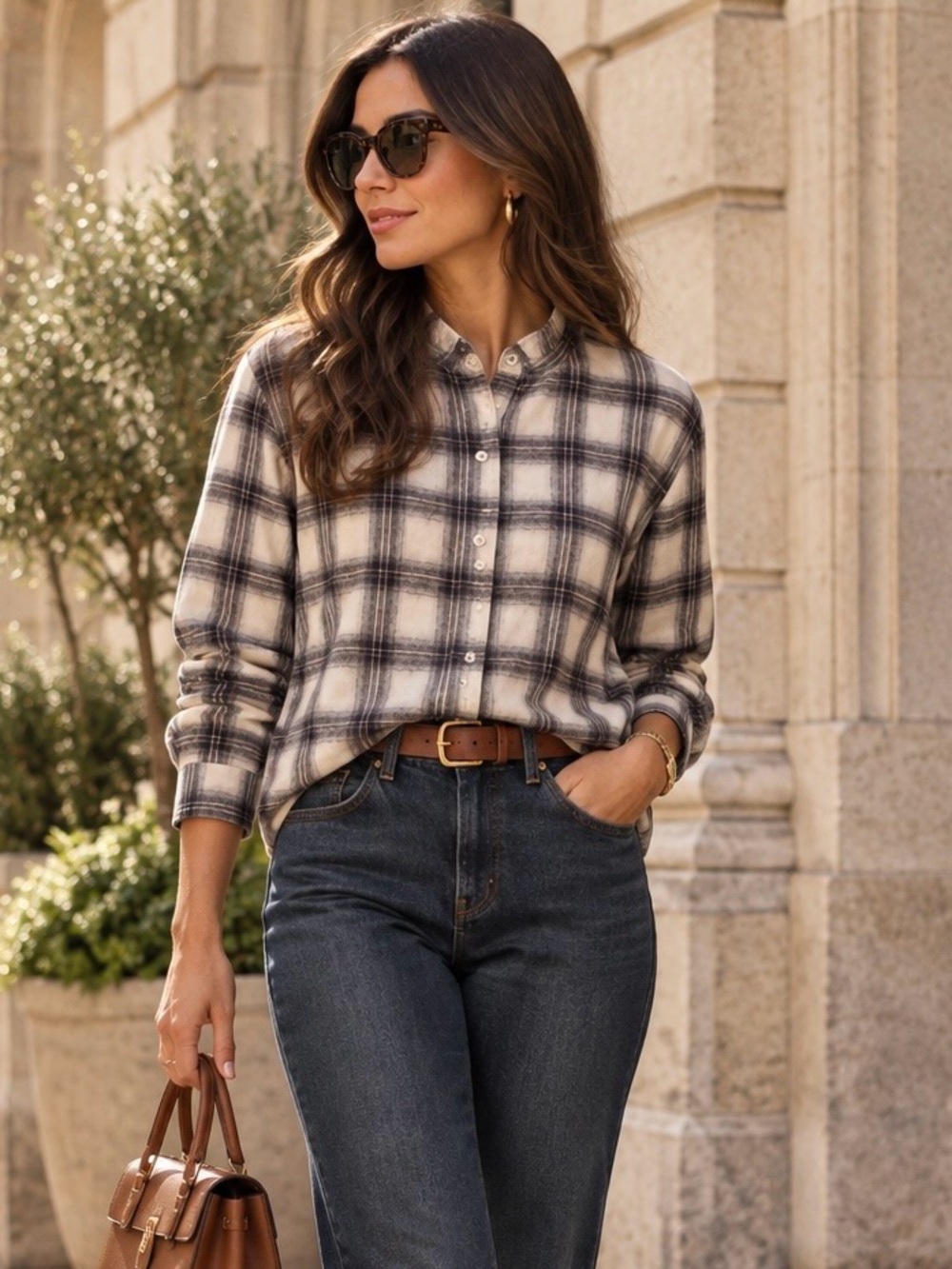 Banana Republic Wool Blend Cream and Black Plaid Button-Down Shirt